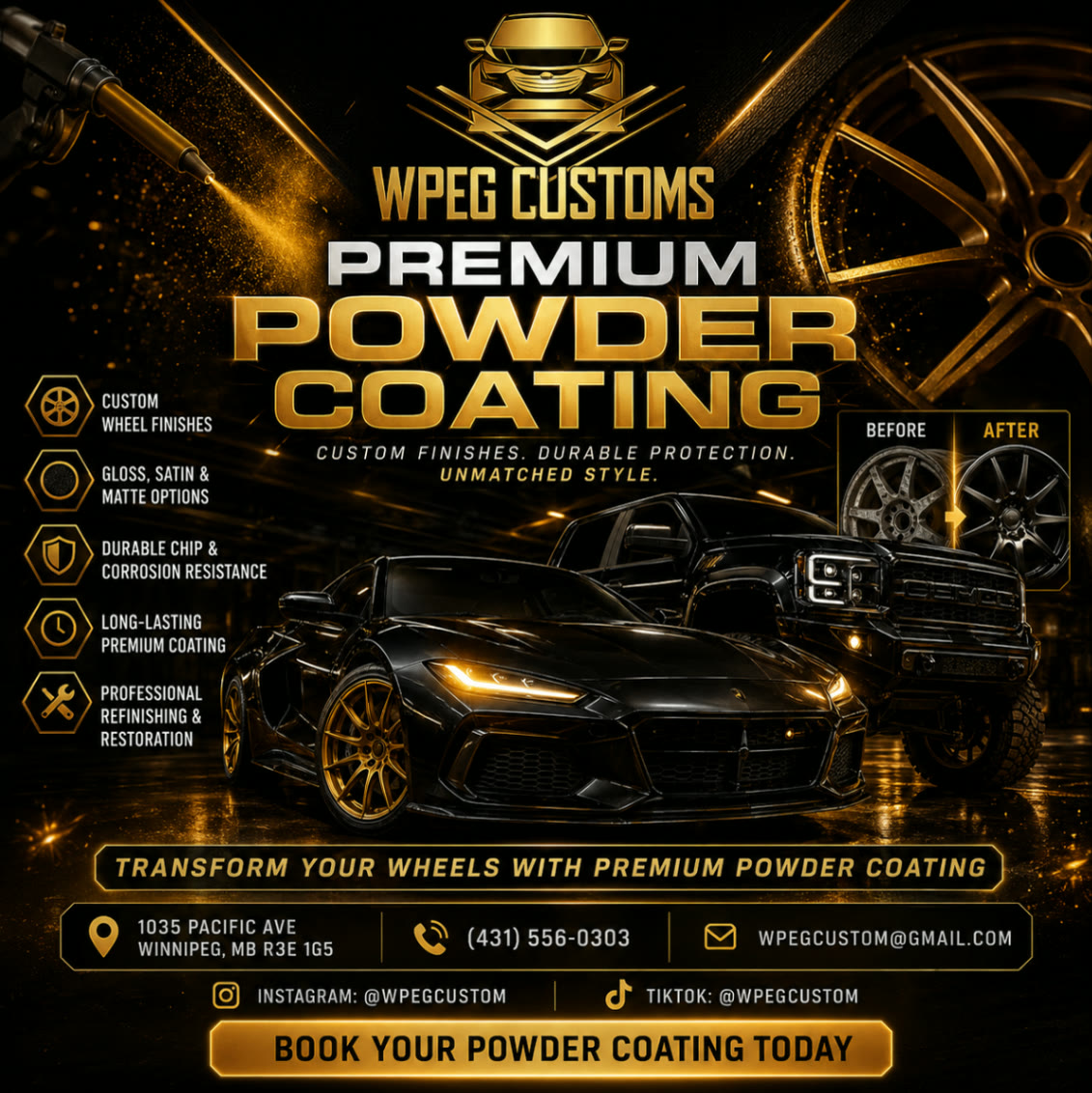 WPEG Customs powder coating service for wheels in Winnipeg Powder coated custom wheels and performance vehicle at WPEG Customs in Winnipeg, Manitoba.