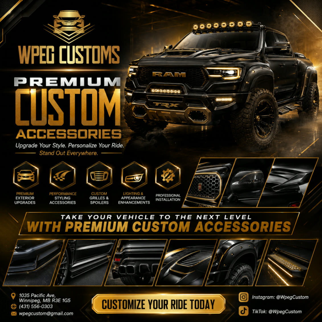 WPEG Customs custom accessories and exterior upgrades in Winnipeg Customized Ram truck with premium automotive accessories installed by WPEG Customs in Winnipeg.