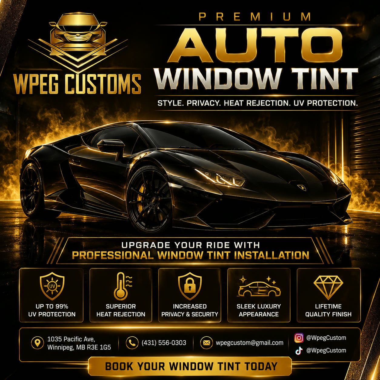 WPEG Customs auto window tint installation in Winnipeg, Manitoba Black sports car with premium auto window tint installed by WPEG Customs in Winnipeg, Manitoba.