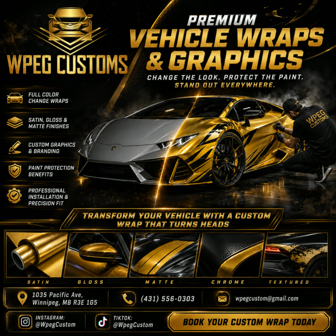 WPEG Customs vehicle wraps and graphics in Winnipeg Custom gold and black vehicle wrap installation by WPEG Customs in Winnipeg, Manitoba.
