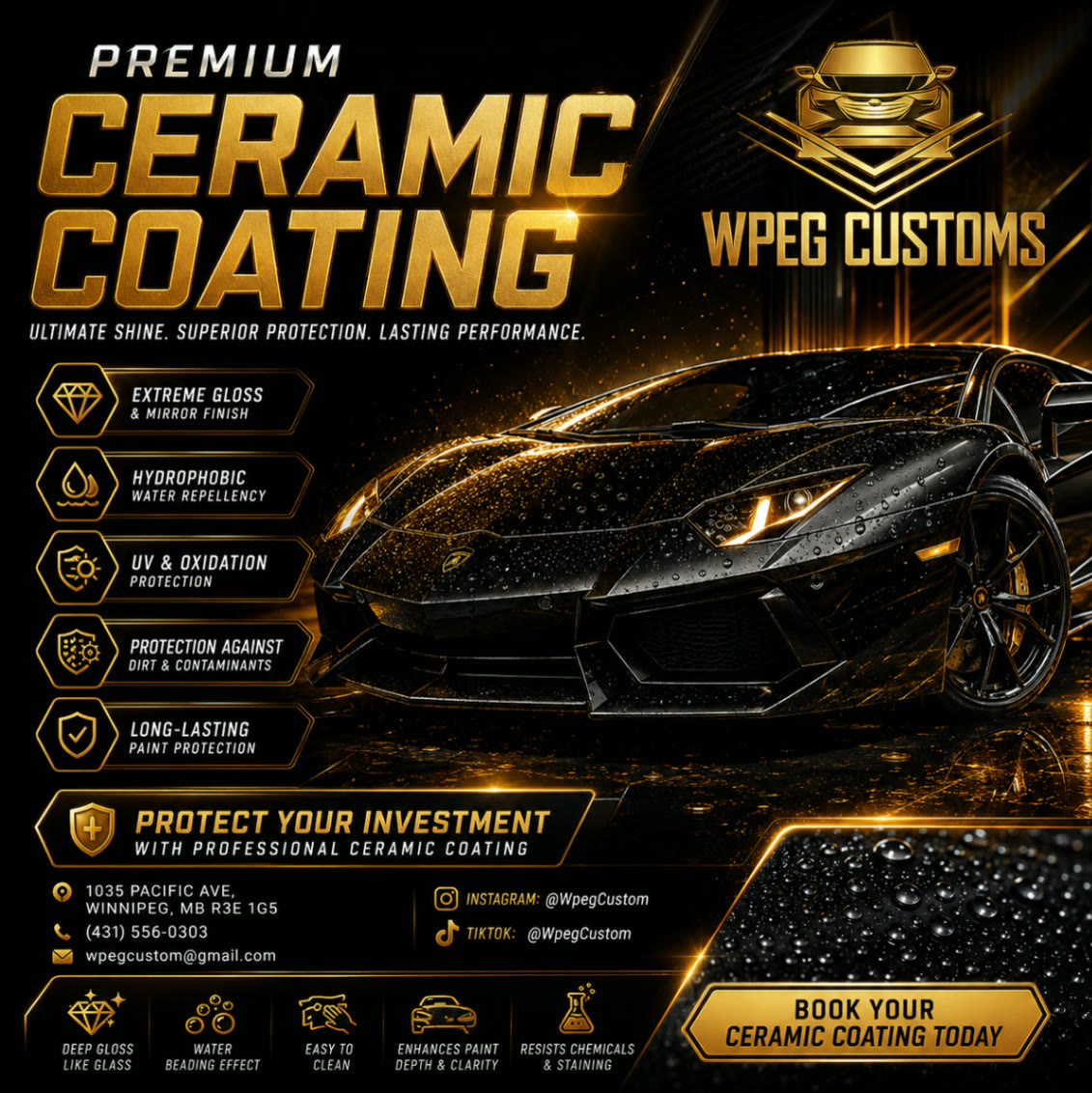 WPEG Customs ceramic coating service for vehicle protection in Winnipeg Glossy black performance car showing hydrophobic ceramic coating protection at WPEG Customs Winnipeg.