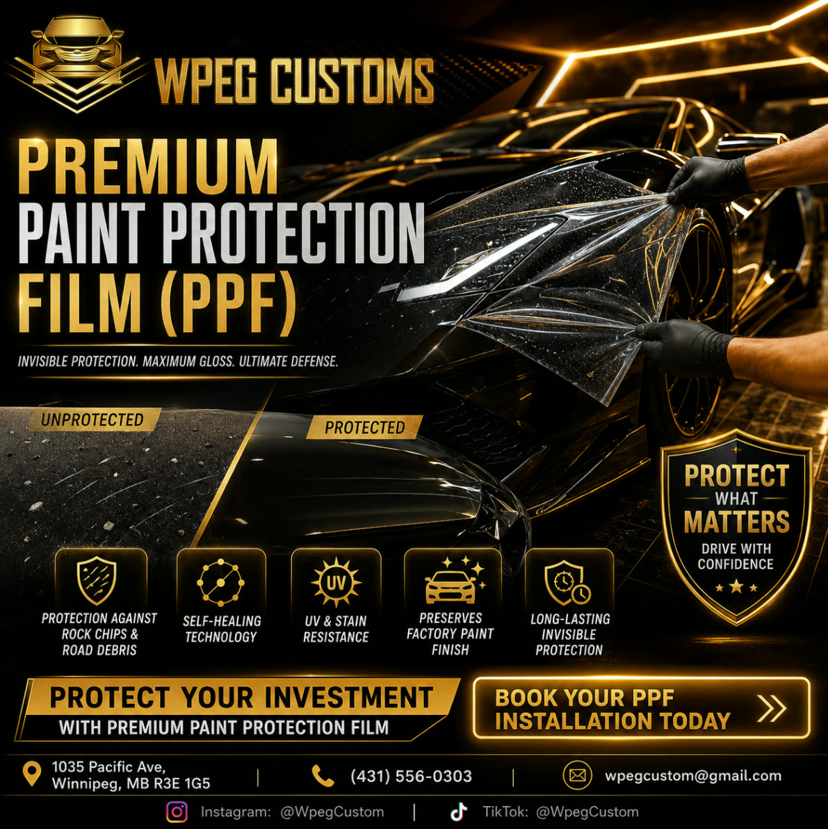 WPEG Customs paint protection film installation in Winnipeg, Manitoba Hands applying paint protection film to a black exotic car at WPEG Customs in Winnipeg.