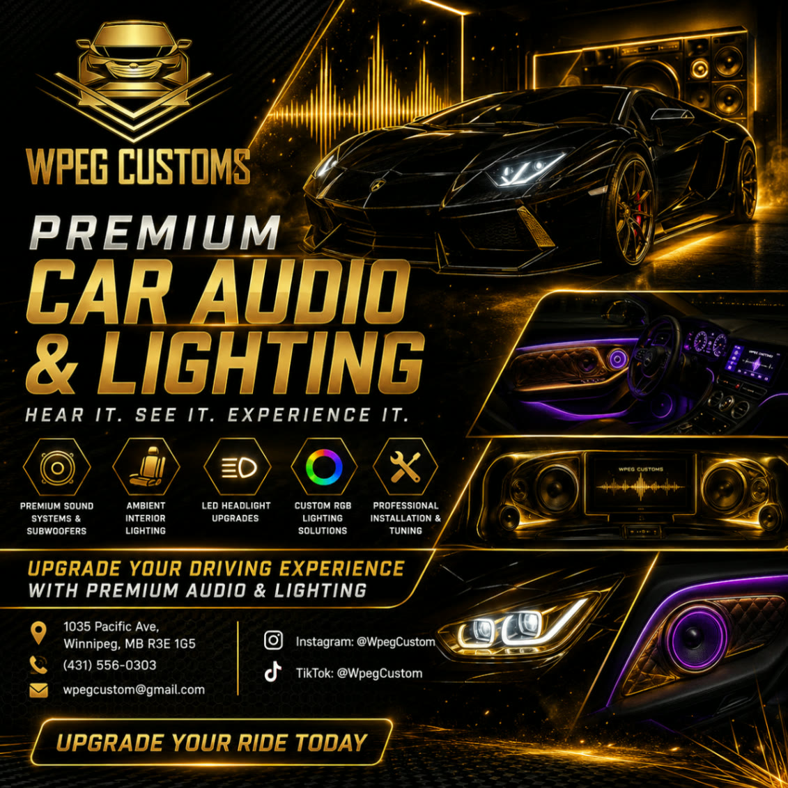 WPEG Customs car audio and lighting upgrades in Winnipeg High-end car audio and ambient lighting upgrade by WPEG Customs in Winnipeg, Manitoba.