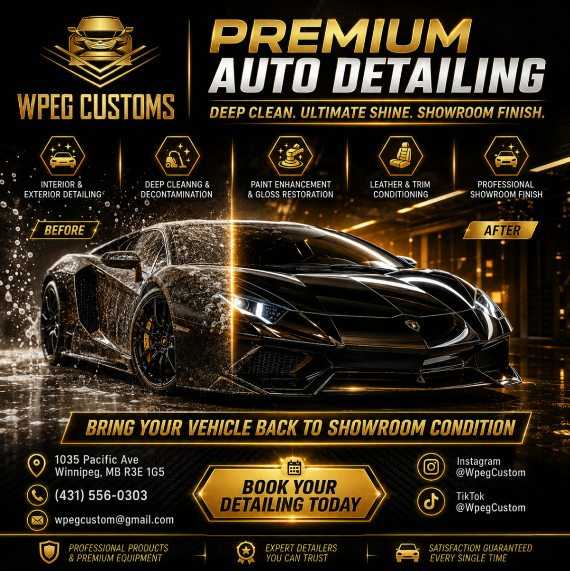 WPEG Customs premium auto detailing in Winnipeg Luxury car receiving premium auto detailing and showroom finishing at WPEG Customs Winnipeg.