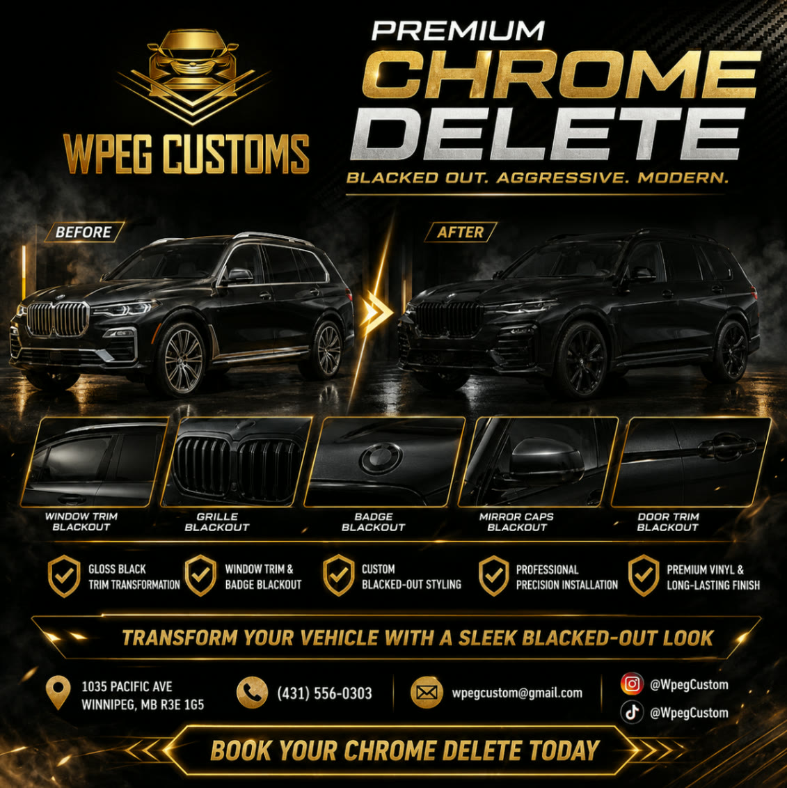 WPEG Customs chrome delete styling in Winnipeg, Manitoba Before and after chrome delete transformation on a luxury SUV at WPEG Customs Winnipeg.