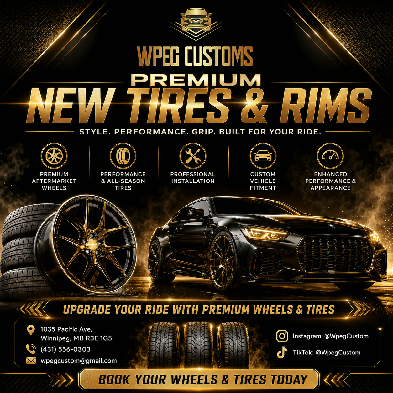 WPEG Customs new tires and rims showroom in Winnipeg Premium aftermarket wheels and new tires showcased beside a black performance car in Winnipeg.