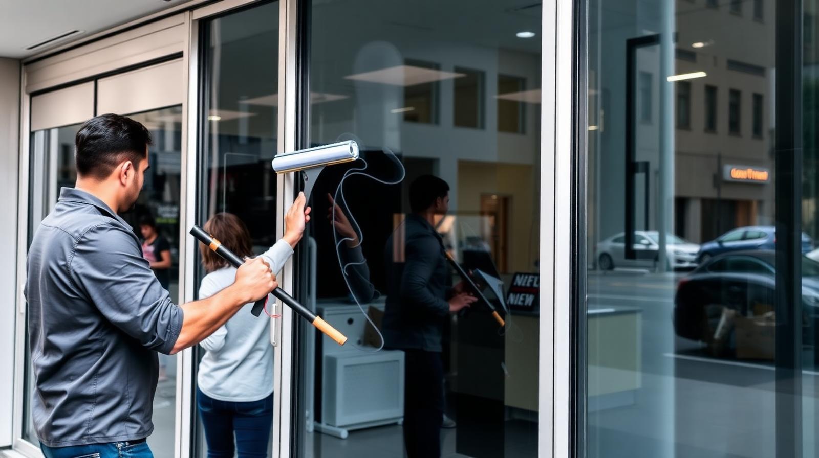 Commercial Window Tint Winnipeg: Protect Your Storefront, Staff & Bottom Line Commercial window film being installed on a Winnipeg storefront glass wall by WPEG Customs.