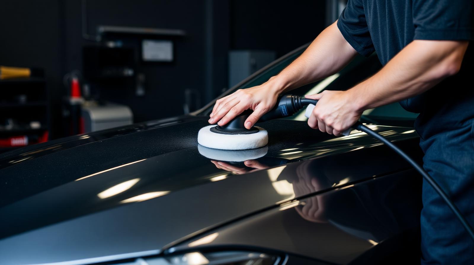 Detailer performing a pre-winter paint correction on a sedan at WPEG Customs Winnipeg.