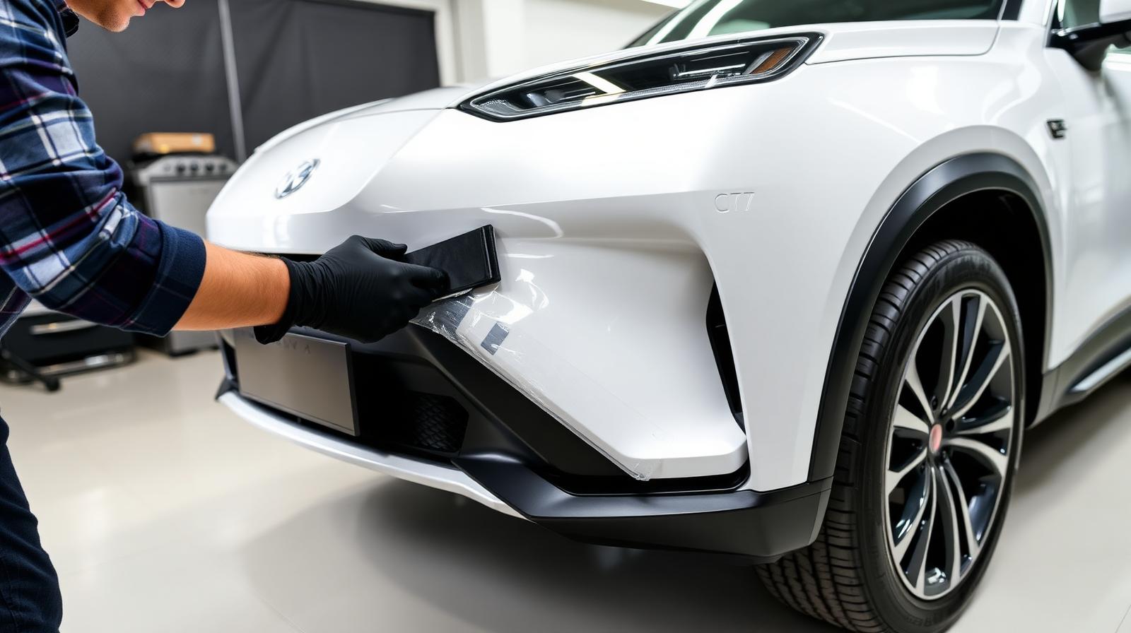How Paint Protection Film Saves Your Car from Manitoba Road Salt & Gravel Paint protection film being wrapped around the front bumper of a black truck in Winnipeg.