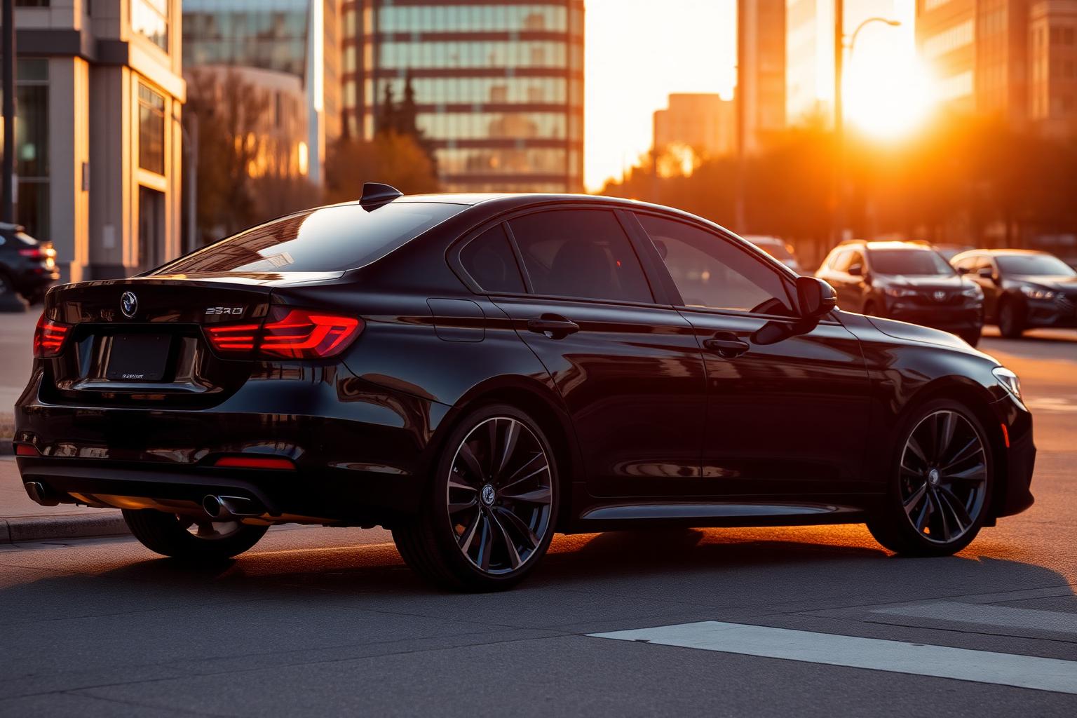 Luxury black sedan with dark ceramic window tint parked in downtown Winnipeg at golden hour — professional automotive window tint installation by WPEG Customs.